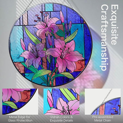 Hanway Suncatcher in Colorful Stained Glass 12" Dia - Genuine Brightly Colored Glass, Protective Metal Edge, Ready to Use Hanging Chain, for Window, Garden (Lily)