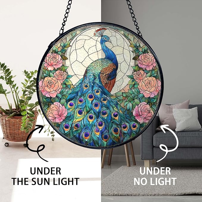 TNUW Peacock Flower Stained Glass Window Hanging, Peacock Decor Sun Catchers Indoor Window Glass Round Wall Art Decor, Bird Floral Wall Hanging Decorations, 7.9＂x7.9＂Suncatchers