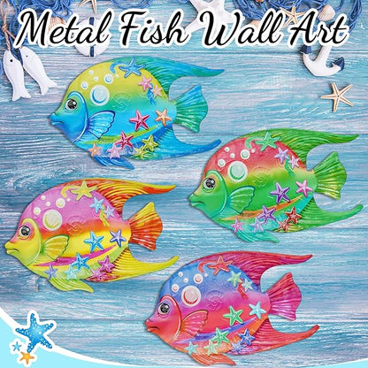 FaloStwer Metal Fish Art Wall Decor, 3D Lifelike Coastal Ocean Sea Hanging Decorations Garden Pool Decor, Set of 4 Colorful Outdoor or Indoor Wall Sculptures(Fish)