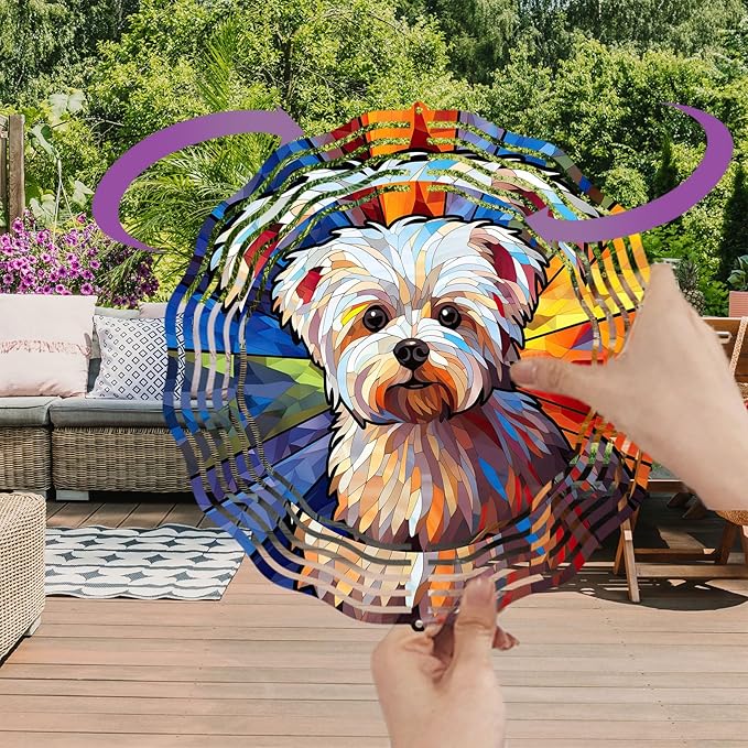 Maltese Dog Wind Spinner Pet Dog Memorial Gifts, Vibrant 3D Kinetic Aluminum Metal Yard Art, Loss of Dogs Sympathy Gifts, Hanging Outdoor Garden Decor, 8" Wind Sculptures for Patio, Porch (Maltese6)