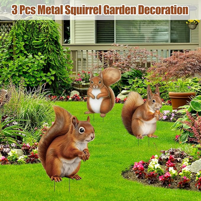 Silkfly 3 Pack Metal Squirrel Garden Stakes Spring Summer Outdoor Decorative Woodland Squirrel Figurine Statue for Garden Outside Yard Patio Lawn Outdoor Home Decorations
