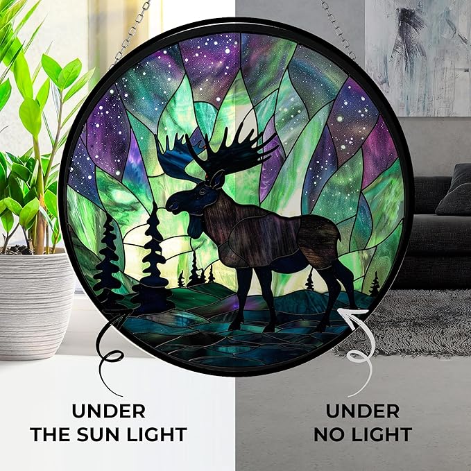 Northern Lights Christmas Moose Stained Glass Sun Catcher, Wall Hanging Colored Decor Room Indoor Window Decor, Halloween, Christmas Hanging Ornament Mother Day