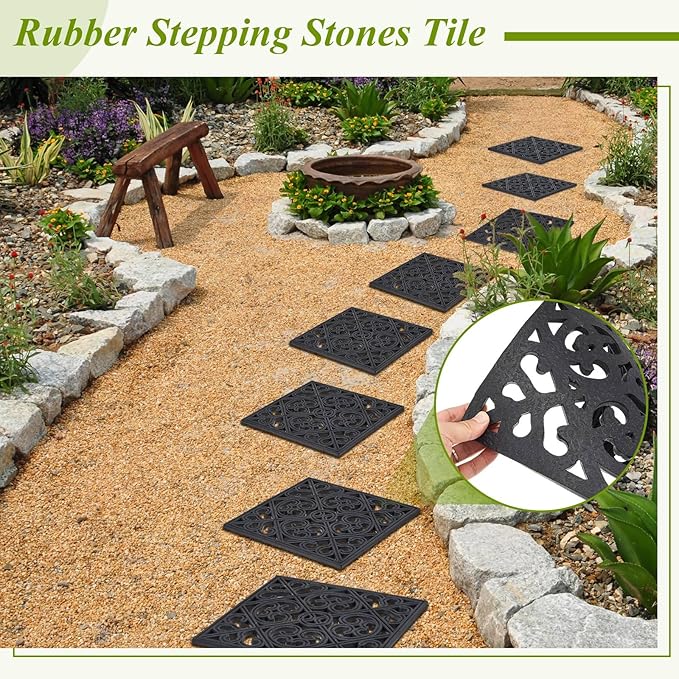 Pangda 8 Pcs Rubber Stepping Stones Outdoor Garden Walkway, 12 x 12 Inch Heavy Duty Pathway Pavers Retro Decorative Stepping Stones for Outside Landscaping Yard Lawn Path(Black,Cross Square)