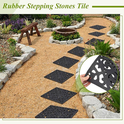 Pangda 8 Pcs Rubber Stepping Stones Outdoor Garden Walkway, 12 x 12 Inch Heavy Duty Pathway Pavers Retro Decorative Stepping Stones for Outside Landscaping Yard Lawn Path(Black,Cross Square)