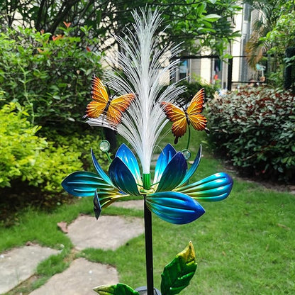 Solar Garden Wind Spinner, Blue Metal Lotus Flower with LED Lights, Butterfly Decorative Stake for Yard, Patio, Lawn