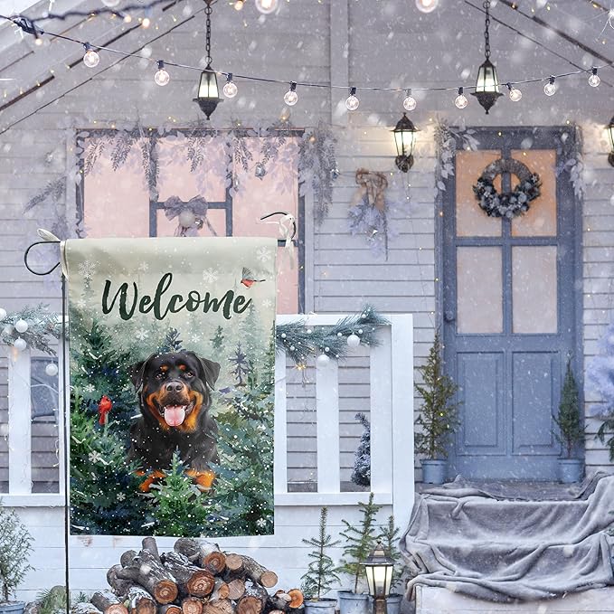 Welcome Winter Garden Flags Rottweiler Garden Flag Cardinal Birds on Snowy Pine Tree Flag Dog Yard Flags for Outside 12x18 Double Sided Christmas Decorative Lawn Flags