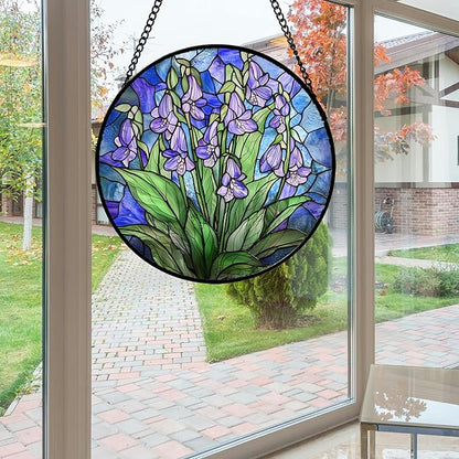 Stained Glass Suncatcher, Blue Purple Flowers Green Leaves Sun Catcher Plants Stain Glass Window Hanging Decoration Mother's Day Birthday Gifts for Women Men Mom and Nana 7.8 in