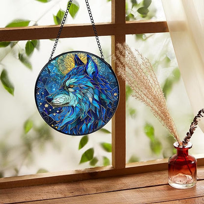 Funny Wolf Gifts Suncatcher Window Hanging, Wolf Decor Sun Catchers Indoor Window Round Glass Wall Art Decor, Animal Lover Gifts Suncatcher Wall Hanging Decorations, 711cz-blh-wolf Patio