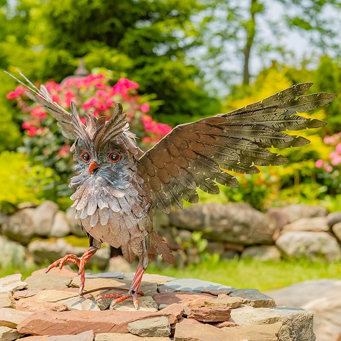 Zaer Ltd. Great Horned Owl Metal Garden Accent, Indoor/Outdoor Decor, Hand-Painted Black-Grey Finish (19" Tall Ash)
