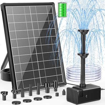 POPOSOAP 8W Solar Fountain Pump with Built-in 3600mAh Battery, Solar Powered Bird Bath Fountain with Dry-run Protection & Double-layer Nozzles 5Ft Tubing for Pond, Bird Bath, Backyard Water Feature