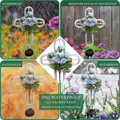38 inch Cross Solar Light Outdoor Art Decoration - Metal and Blue Artificial Flower Craft Solar Light Stake- for Scenes Such as Garden Lawn Patio Patio Cemetery or Auditorium.