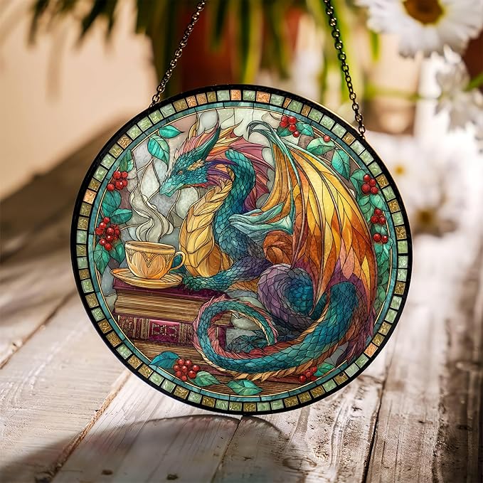 7.8" Dragon Suncatcher Stained Glass Window Hanging Fantasy Book Sun Catchers Celestial Reading Ornament Wall Art Home Room Library Decor Birthday for Readers Women Men