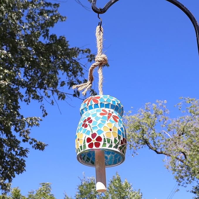 Sunnydaze Spring Flowers Wind Bell - Mosaic Glass Wind Chime Bell for the Patio, Deck, or Porch - 7"