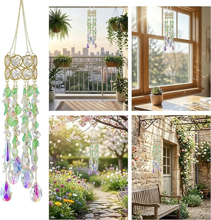HDCRYSTALGIFTS 15.5 Inch Crystal Suncatcher for Window Hanging Gold-Plated Glass Wind Chimes Sun Catcher with Leaf Flower Beads Chain Rainbow Maker Spring Ornaments for Indoor Outdoor Garden