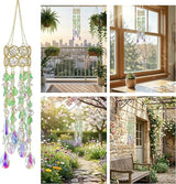 HDCRYSTALGIFTS 15.5 Inch Crystal Suncatcher for Window Hanging Gold-Plated Glass Wind Chimes Sun Catcher with Leaf Flower Beads Chain Rainbow Maker Spring Ornaments for Indoor Outdoor Garden