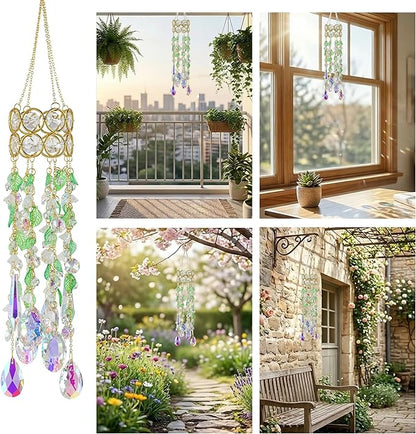 HDCRYSTALGIFTS 15.5 Inch Crystal Suncatcher for Window Hanging Gold-Plated Glass Wind Chimes Sun Catcher with Leaf Flower Beads Chain Rainbow Maker Spring Ornaments for Indoor Outdoor Garden