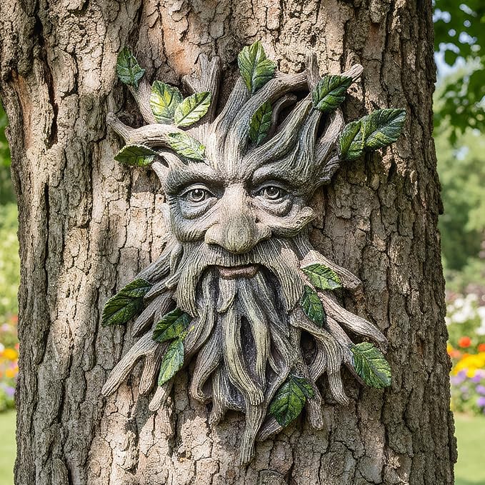 13.2" Real Tree Face Hugger Statue, Resin Elves Sculpture with Foliage Features, Large Outdoor Tree Hugger for Yard Art, Halloween Trees Decorations Outdoor Wall Mounted Statue