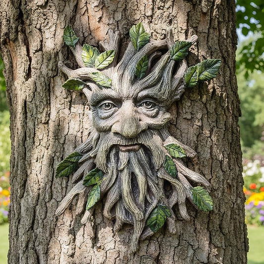13.2" Real Tree Face Hugger Statue, Resin Elves Sculpture with Foliage Features, Large Outdoor Tree Hugger for Yard Art, Halloween Trees Decorations Outdoor Wall Mounted Statue