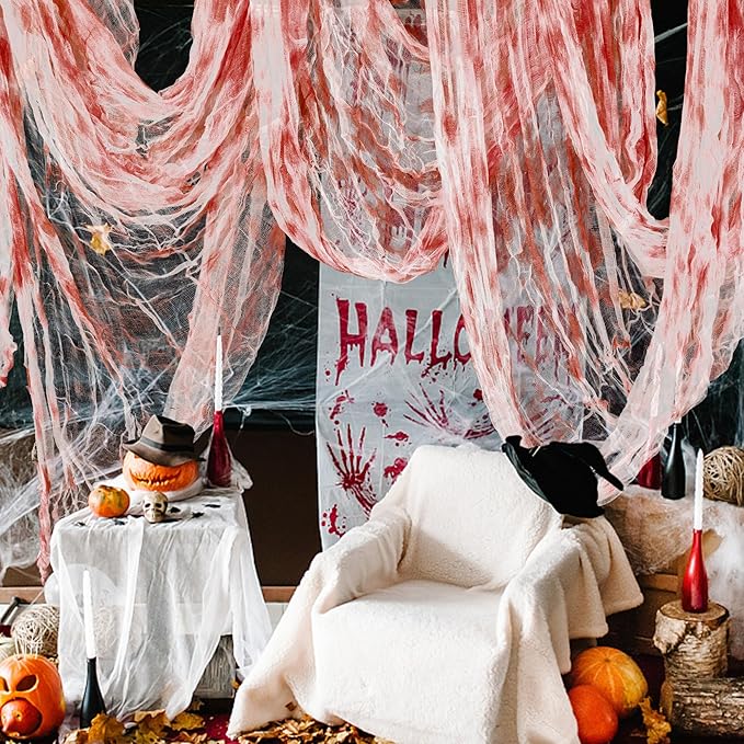 400" x 85" Halloween Creepy Cloth - Large Size Spooky Fabric - Scary Gauze Blood Creepy Cloth for Haunted House Party Yard Wall Doorway Decoration (red)