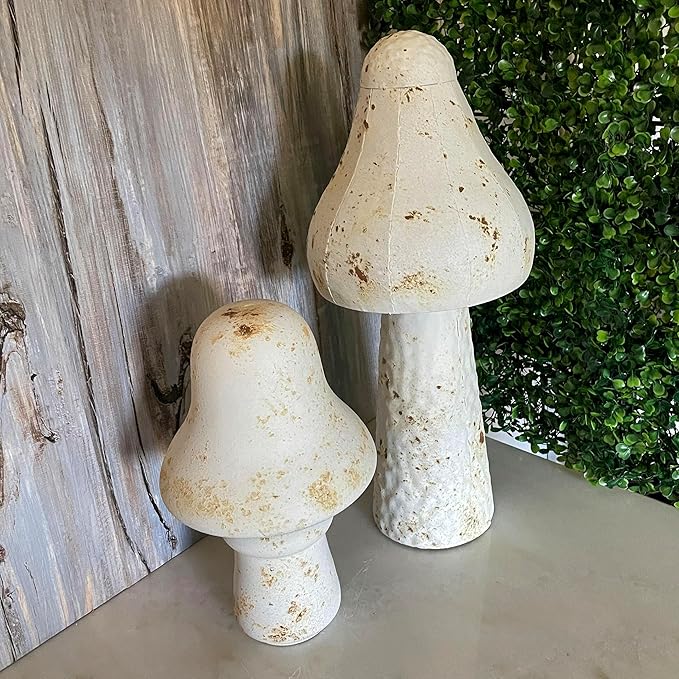 Zeckos Set of 2 White Metal Mushrooms, Indoor Outdoor Garden Statues, 9 & 16 inch Rustic Modern Farmhouse Decor, Weather-Resistant Yard Sculpture, Artistic Patio Accent
