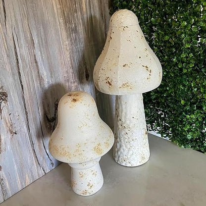 Zeckos Set of 2 White Metal Mushrooms, Indoor Outdoor Garden Statues, 9 & 16 inch Rustic Modern Farmhouse Decor, Weather-Resistant Yard Sculpture, Artistic Patio Accent