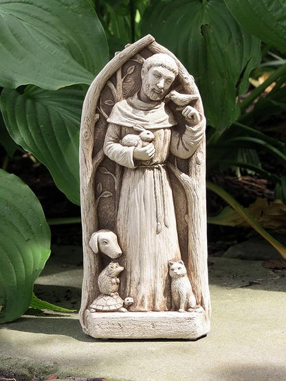 Carruth Studio Saint Francis Statue - St. Francis Blesses The Animals, Outdoor Garden Wall Plaque, Free Standing or Hanging 9" Handcrafted Stone Sculpture