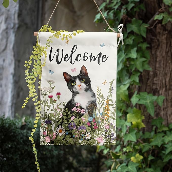 Spring Cat Garden Flag Floral Tuxedo Cat Garden Flags for Outside Summer Flower Outdoor Flag Small Farmhouse Welcome Yard Flag 12x18 Double Sided