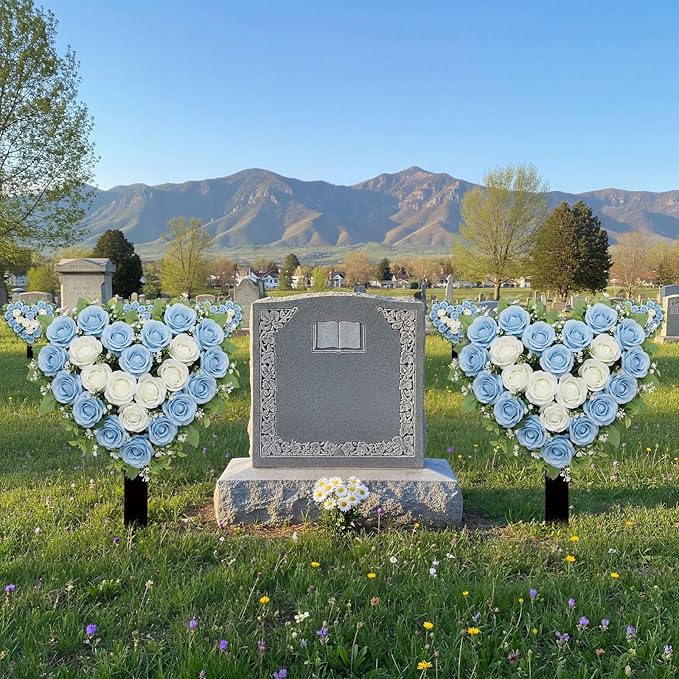 Frienda 2 Sets Cemetery Flowers Grave Stake Metal Floral Decor for Tombstone, Outdoor Gravesite Markers for Mom Dad, Memorial Day Spring Easter Grave Decor(Heart,Blue,White)