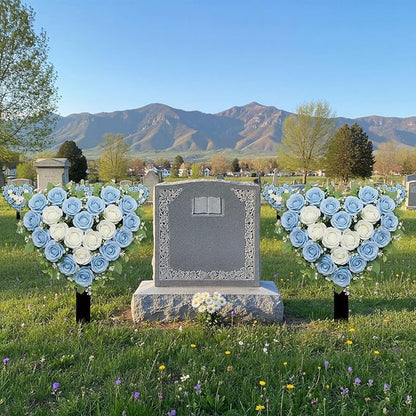 Frienda 2 Sets Cemetery Flowers Grave Stake Metal Floral Decor for Tombstone, Outdoor Gravesite Markers for Mom Dad, Memorial Day Spring Easter Grave Decor(Heart,Blue,White)