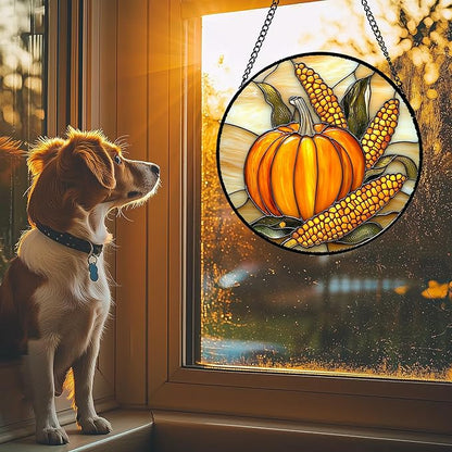 DASTOLL Stained Glass Window Hanging Autumn Harvest Pumpkin Corn Large 15" - Suncatcher Door Garden Kitchen Sunroom Sun Catcher Fall Home Decor Birthday for Mom Grandma Men Woman
