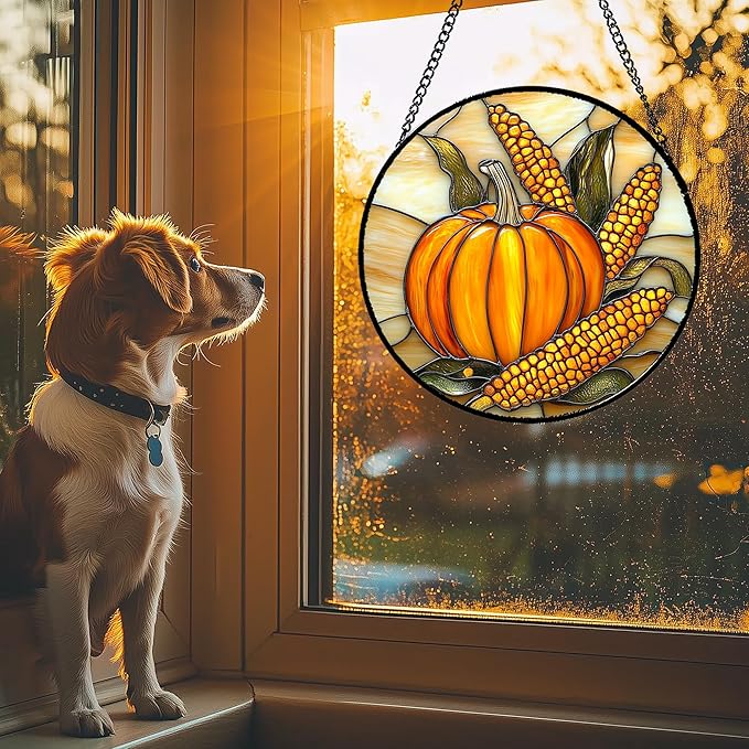 DASTOLL Stained Glass Window Hanging Autumn Harvest Pumpkin Corn 6.3" - Suncatcher Door Garden Kitchen Sunroom Sun Catcher Fall Home Decor Birthday for Mom Grandma Men Woman