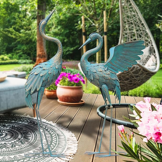 33-37 Inch Metal Crane Garden Statue Décor, Bird Garden Sculpture & Statues, Outdoor Decoration for Yard Patio Lawn Backyard Pool, Spring Decorations for Home, Set of 2
