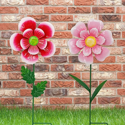 Garden Wind Spinner 2 Pack, Outdoor Metal Flower Stake Decor, Waterproof Kinetic Sculptures for Backyard Flower Bed, Spring Gardening Gifts for Mom (Red/Pink)