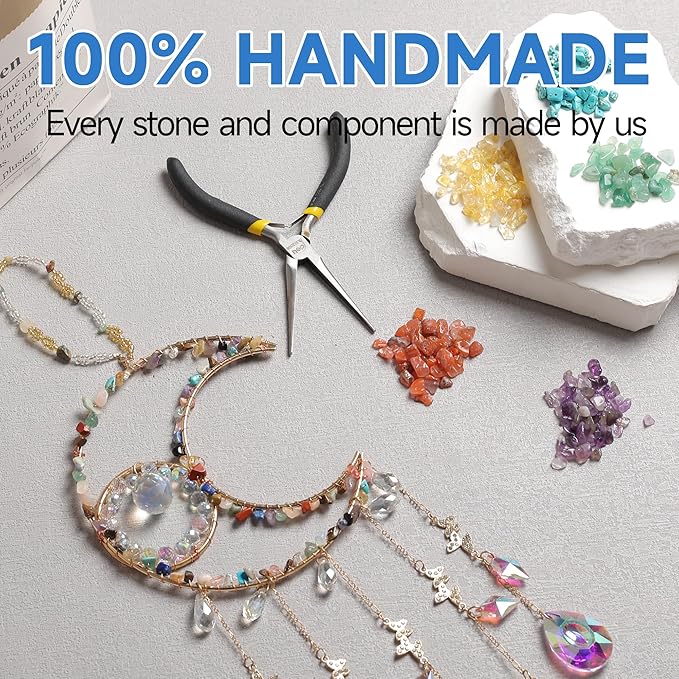 Handmade Sun Catcher Rainbow Maker with Moon Shape Natural Color Stones and Various Crystal Shapes Unique Crystal Decoration for Home or as a Gift Stunning Light Refraction and Colorful Display