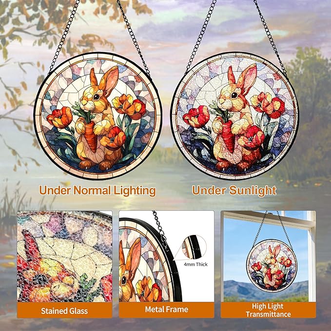 7.88'' Stained Glass Window Hanging, Colorful Rabbit Sun Catchers Glass Panel Flowers Bunny Suncatcher Decor with Hook Chain for Mother's Day Birthday for Women, Men, Wife, Aunt, and Mom