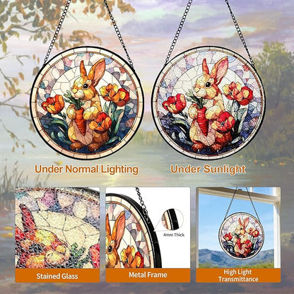 7.88'' Stained Glass Window Hanging, Colorful Rabbit Sun Catchers Glass Panel Flowers Bunny Suncatcher Decor with Hook Chain for Mother's Day Birthday for Women, Men, Wife, Aunt, and Mom