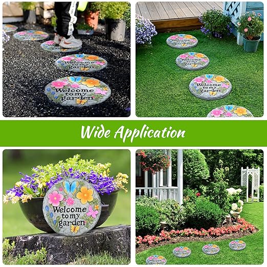 Stepping Stone for Garden Decor, Butterfly Flowers Welcome to My Garden Decorative Paving Stones for Patio Landscape Yard Walkway Path Sculpture Art, Outdoor or Indoor Home Decoration (Floral)