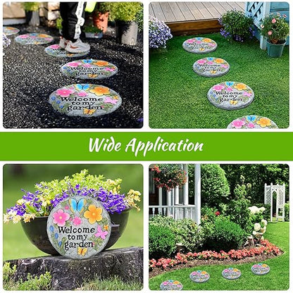 Stepping Stone for Garden Decor, Butterfly Flowers Welcome to My Garden Decorative Paving Stones for Patio Landscape Yard Walkway Path Sculpture Art, Outdoor or Indoor Home Decoration (Floral)