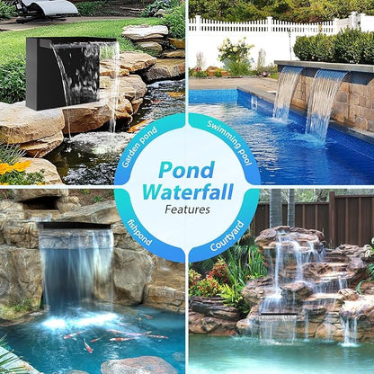 POPOSOAP Pond Waterfall Spillway Kit with LED Lights, 13.4" H x 12" W Stainless Steel Spillway with 660GPH Pond Pump, Filtration, 10FT Corrugated Tubing Waterfall for Water Garden, Backyard, Pool