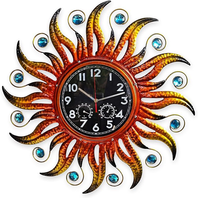 COOZZUHOUR 25 Inch Metal Sun Outdoor Shaped-Clock with Thermometer and Hygrometer Combo, Battery-Powered 10-inch Waterproof Dial and Silent Quartz Movement for Home Decorative Gifts(Orange)