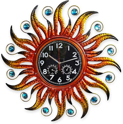 COOZZUHOUR 25 Inch Metal Sun Outdoor Shaped-Clock with Thermometer and Hygrometer Combo, Battery-Powered 10-inch Waterproof Dial and Silent Quartz Movement for Home Decorative Gifts(Orange)