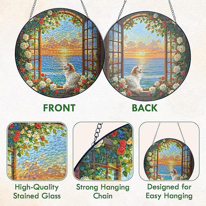 FLAGWIX Cat Gifts for Women - Stained Glass Window Hanging 10 in - Cat Lady Gifts for Women Mom Grandma Pet Lovers, Suncatchers for Windows Hanging Coastal Decor, Suncatcher Decorations for Home