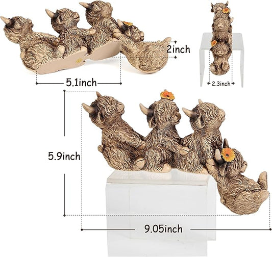 Garden Highland Cow statue for Outdoor Decor,Highland Cow Statue Shelf Sitter,Family Ties 4pc Holding Together Figurine for Outdoor Garden Bookshelf Desk Step Edge Decor,Highland Cow Gifts for Women