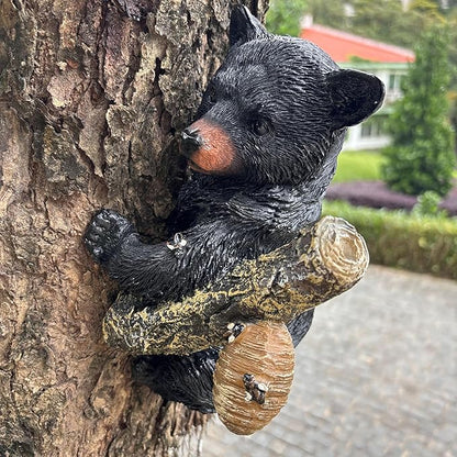 Black Bear cub Tree Hugger Decor. Forest Wildlife Animal Stadue，Climbing Tree Statue Hanging,Tree-Mounted - Realistic Polyresin stadue - for Housewarming, Outer Door,Garden, Yard.