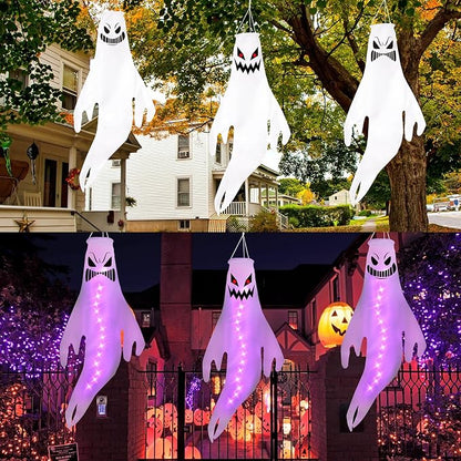 Geefuun 3PCS Purple Halloween Fierce Ghost Windsocks Hanging Decorations - 43 Inch Flag Wind Socks for Home Yard Outdoor Decor Party Supplies (Batteries Not Included,No Timer)