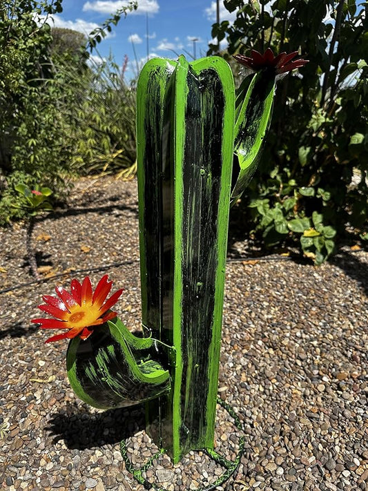 Colorful Metal Saguaro Cactus with Flowers - Handmade Garden Decor (Green)