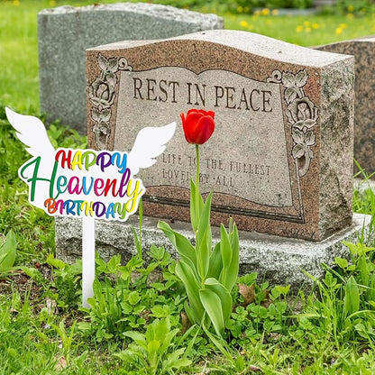 AceOrbit 13.8 X 7.9 Inches Large Happy Birthday in Heaven Decorations Cemetery Decorations for Grave Metal Memorial Remembrance Stake, Grave Markers for Human Cemetery Garden Yard Site Outdoor(White)