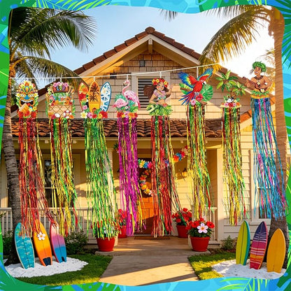 Affrolling 8 Pcs Hawaiian Luau Party Decoration Tropical Tiki Aloha Flamingo Decorations with Tassels for Hawaii Luau Tropical Birthday Party Supplies 3.3 ft Outdoor Summer Door Banner Sign Decor