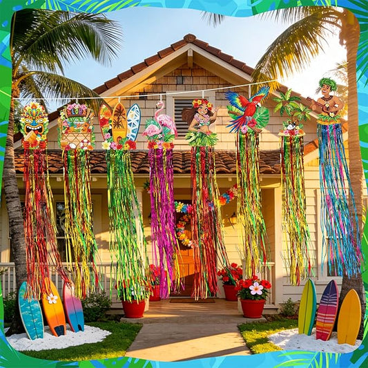 Affrolling 8 Pcs Hawaiian Luau Party Decoration Tropical Tiki Aloha Flamingo Decorations with Tassels for Hawaii Luau Tropical Birthday Party Supplies 3.3 ft Outdoor Summer Door Banner Sign Decor