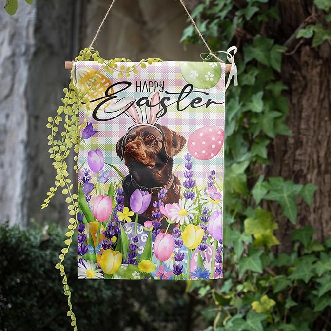 Happy Easter Labrador Dog Garden Flag Chocolate Lab Spring Flags Buffalo Plaid Bunny Eggs Yard Flag for Outside 12x18 Double Sided Small Decorative Floral Outdoor Flag